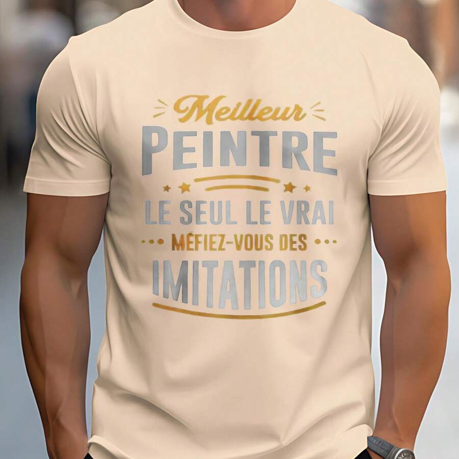 2026 New Men's T-Shirt Short Sleeve Black Shirt With French Text Print Best Painter The Only True Beware Of Imitations For Daily Use Social Occasions And Season All Year Round Comfortable And Versatile Everyday Outfits - 杏色 - 查看 1