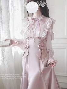 Lolita Set: Fly Sleeve Top + Midi Skirt With Butterfly Hair Accessory (Light Pink/Light Blue) - S/M/L - Màu Hồng baby - Xem 4