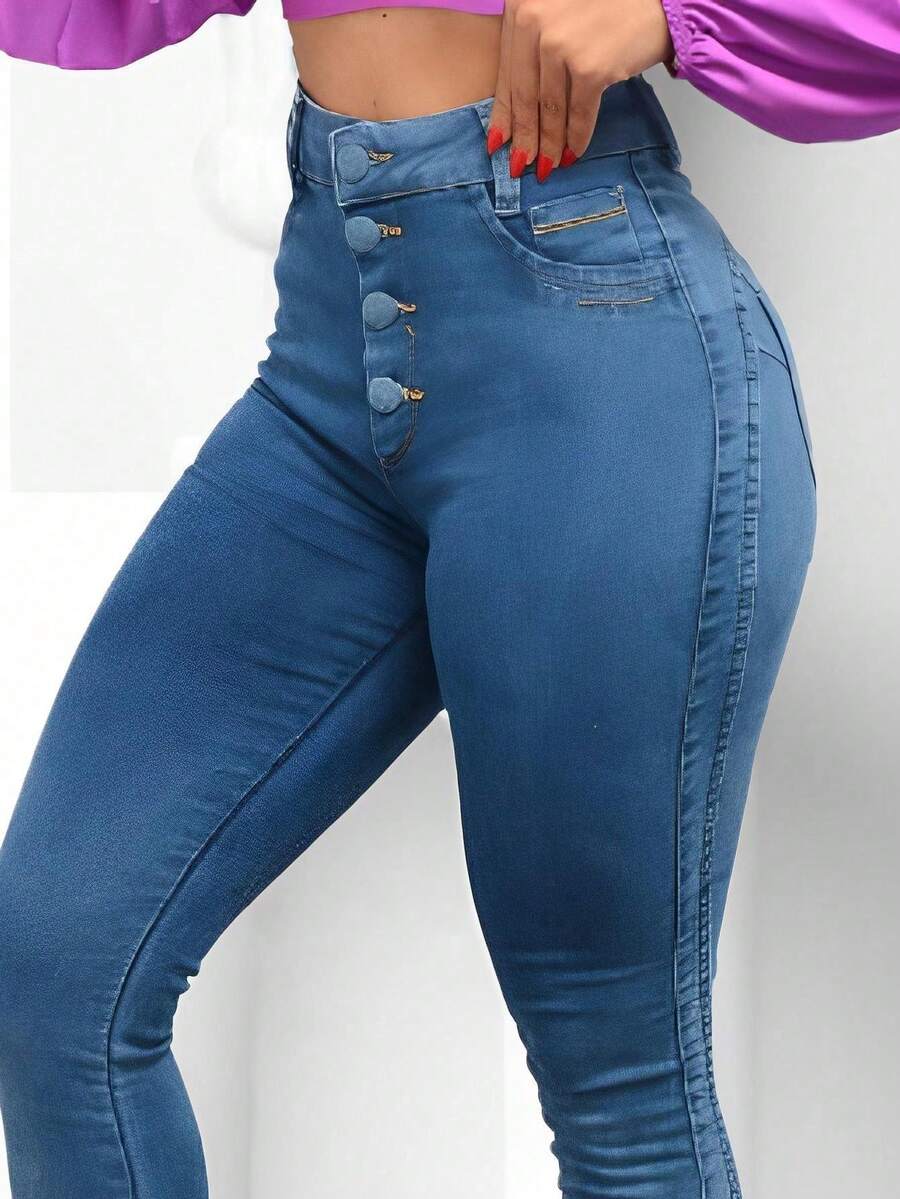 Skinny Jeans With Side Details And Premium Elastane. - 藍色 - 查看 1