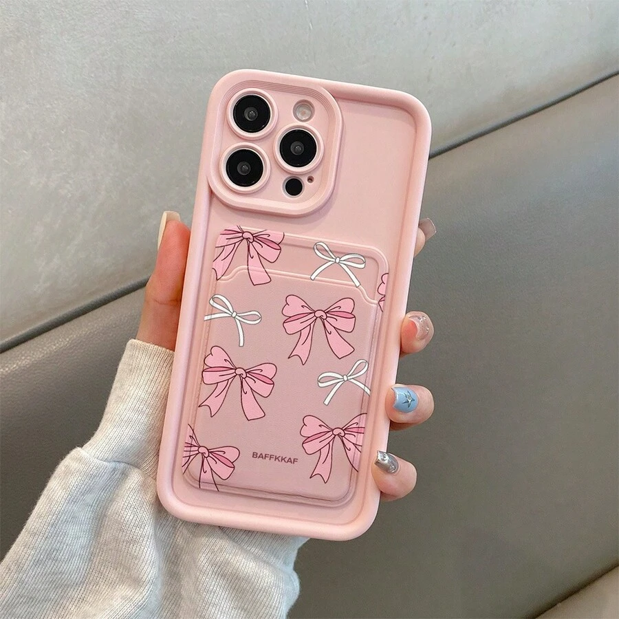 Magnetic Card Holder Bow Pattern + Pink Matte Soft Case For IPhone 17 Air/16/15/14/13/12 Pro Max 15 16 17 Plus Mini/11/X/XS Max, Compatible With Samsung S22 S23 S24 S25 Ultra/Plus/FE/Edge/+ A13 A14 A15 A16 A17 A33 A34 A35 A36. A52 A53 A54, Anti-Fingerprint, Anti-Drop Durable, Full Protection For Camera - 粉色 - 查看 1