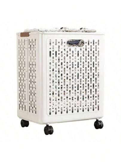 Large, Foldable, Wheeled Storage Basket, Lidless - Made Of Faux Leather, Solid Color. A Multi-Functional, Foldable, Portable Storage Basket Suitable For Bathroom And Balcony Storage, Storage Bags, And Storage Room Accessories. Includes Handle.