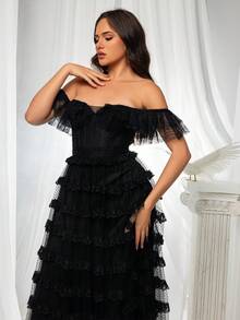 VIPGIRL Robe de soirée noire à épaules dénudées en maille pour femmes - Noir - Voir 4