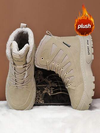 Herrsnökängor, Termofodrade, Tjocka för höst/vinter, Moderiktiga mångsidiga höga kängor till mitten av vaden, Halkfria, Köldtåliga, Snördesign, Fluffigt foder för värme, Lämpliga för utomhusbruk, Skidåkning, Sportträning, Läder- och meshlappverk, Mörka slitstarka arbetskängor