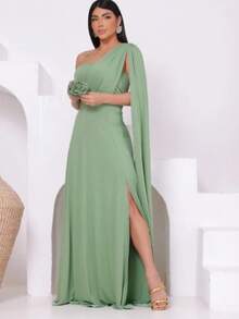 Women's Long Party Dress, One Shoulder, Draped With Slit – Elegant Fluit Fabric For Bridesmaids, Weddings, And Graduations – One Size Fits All. Elegant Asymmetrical Party Dress For Weddings. - 薄荷綠 - 查看 3
