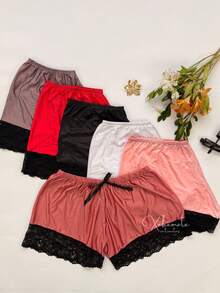 Set Of 3 Short Doll Shorts With Lace And Satin Polyamide Shiny Sexy Women's Pajama Shorts - 彩色 - 查看 4