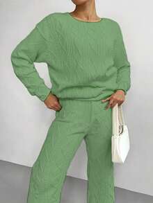 Women's Cozy Cable Knit 2-Piece Tracksuit Set - White & Multi Colors, Loose Fit, Long Sleeve Round Neck Top & Pocketed Joggers, Solid Color, Fall/Winter Outfit, Casual Outdoor Activewear, Versatile Full-Age Loungewear | Cable Knit Texture | Women's Minimalist Sporty Sweatsuit - 綠色 - 查看 2