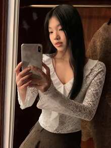 Women's Solid V-Neck Long Sleeve Fitted Lace Ruffle Casual Blouse, Spring/Summer - White - View 2