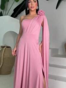 Women's Long Party Dress, One Shoulder, Draped With Slit – Elegant Fluit Fabric For Bridesmaids, Weddings, And Graduations – One Size Fits All. Elegant Asymmetrical Party Dress For Weddings. - 淺粉色 - 查看 1