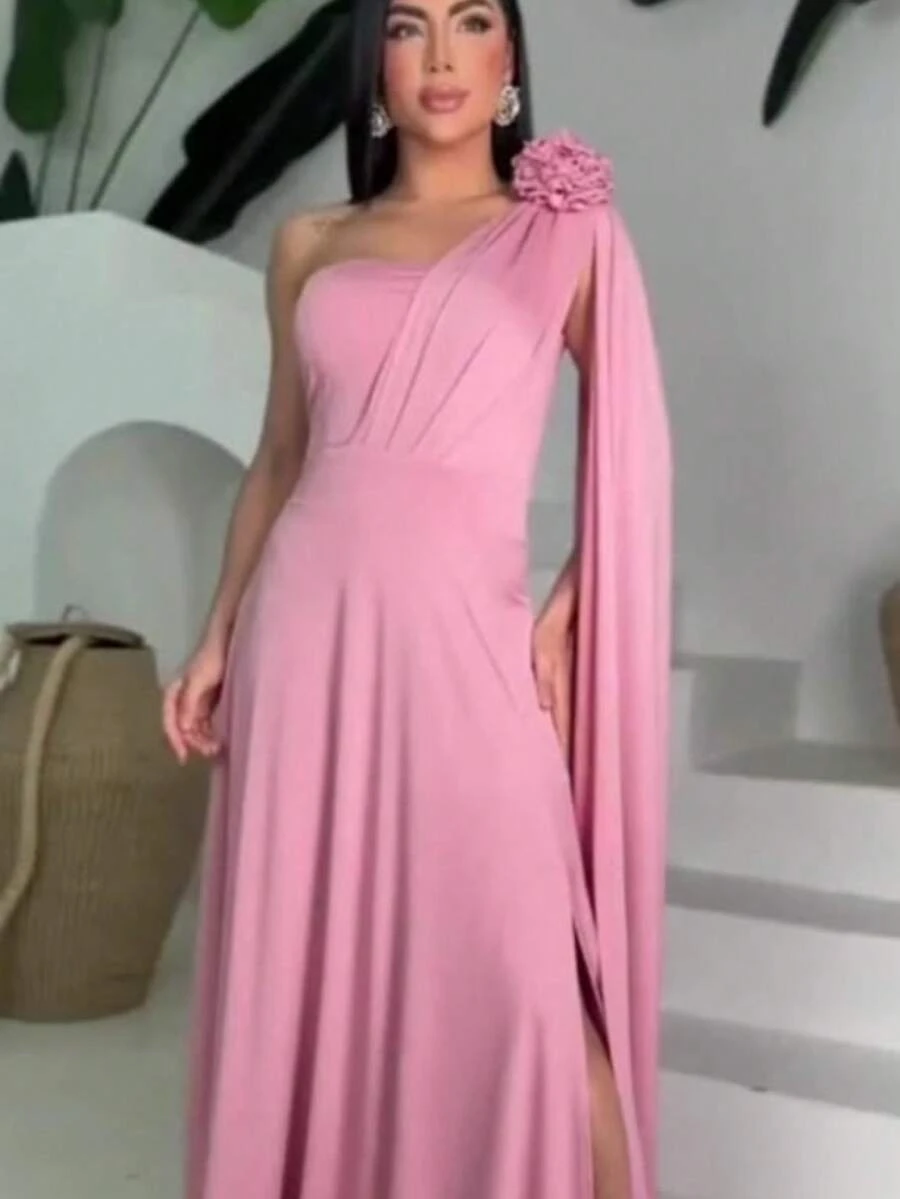 Women's Long Party Dress, One Shoulder, Draped With Slit – Elegant Fluit Fabric For Bridesmaids, Weddings, And Graduations – One Size Fits All. Elegant Asymmetrical Party Dress For Weddings. - 淺粉色 - 查看 1