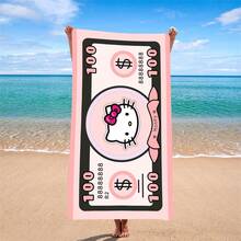 Sanrio Hello Kitty Dollar Bill Design Beach Towel, Modern Polyester Cartoon Print, Knit Fabric Quick-Dry Pool Travel Camping Sports Accessory, 240gsm Lightweight Patterned Oblong Towel For Summer Vacation Gift