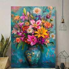 2D Plano, 1 Pieza de Arte de Pared en Lienzo Floral - Pintura de Jarrón Moderna Retro Rosa, Amarillo, Púrpura, Naranja, Blanco, Verde, Azul Teal - Con Gancho Listo para Colgar - Adecuado para Decoración de Sala de Estar, Dormitorio, Oficina, Cocina - Decoración Elegante para el Hogar, 2D Plano - Multicolor - Ver 10