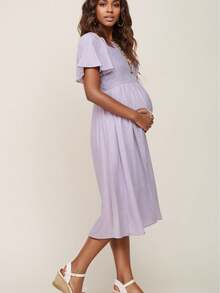 Maternity Solid Color Bohemian Elegant Woven Fabric Drawstring Dress, Suitable For Daily Wear And Vacation, Spring/Summer - Lilac Purple - View 1