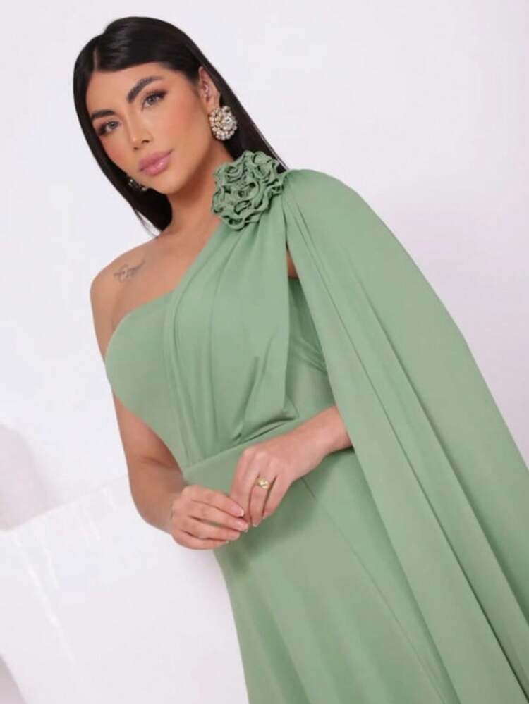 Women's Long Party Dress, One Shoulder, Draped With Slit – Elegant Fluit Fabric For Bridesmaids, Weddings, And Graduations – One Size Fits All. Elegant Asymmetrical Party Dress For Weddings. - Màu xanh Bạc hà - Xem 2