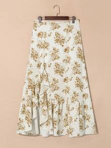 Acelitt 天蓝色波西米亚风碎花高腰荷叶边开衩长裙 白色夏季 - 白色 - 查看 4