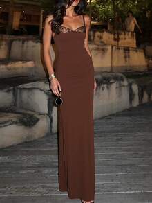 This Fashionable Brown Strapless Backless Sequin Patchwork Bodycon Dress Is Suitable For Summer Wear, Can Be Paired With Various Occasions Such As Daily Life, Cocktail Parties And Gatherings. Summer Dress, Beach Wear, Street Style, Vacation Outfit. - Brown - View 1