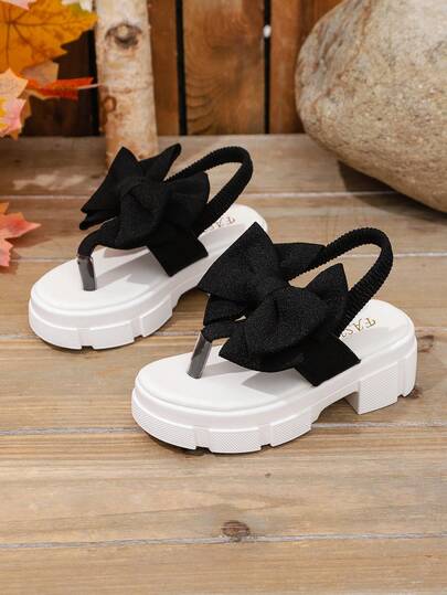 1 Pair Black Wedge Sandals For Big Girls, Soft Fabric, Bow Decor, Elastic Back Strap, Round Toe, 3CM Thick Non-Slip Sole, Cute & Fashionable Beach/Casual/School/Holiday Wear, Spring/Summer