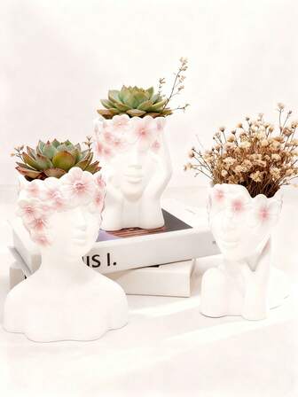 1pcFace 花盆头 - 可爱的多肉植物花盆，带排水系统的室内花盆，送给女性的花园礼物，户外花园装饰，独特的家居收纳摆件。