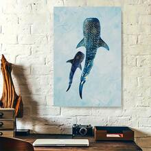 Impresión de arte mural en lienzo de una pieza plana 2D de la familia de tiburones ballena - Póster moderno retro de vida marina con marco de madera y decoración simple, adecuado para sala de estar, dormitorio, cocina, oficina - Retrato familiar de tiburones ballena nadando, decoración de tiburones ballena - Multicolor - Ver 7