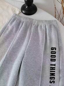 Young Girl Cartoon Print Crew Neck Sweatshirt And Sweatpants Set - Grey - View 5