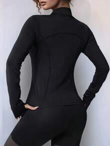 Plus Size Zipper Long Sleeve Sports, Women Tight Thumb Hole Cuff Fitness Yoga Running Activewear Outerwear - 黑色 - 查看 5