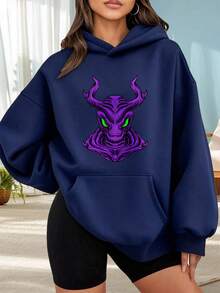 Fashionable Hooded Sweater For Women. Black Hoodie With Purple Dragon Print And Green Eyes. Fantasy Design For Women. Casual Urban Style For Everyday Wear. Perfect For Dates, Outings, And Holiday Gifts. The Best Choice For A Date. - 藏蓝色 - 查看 6