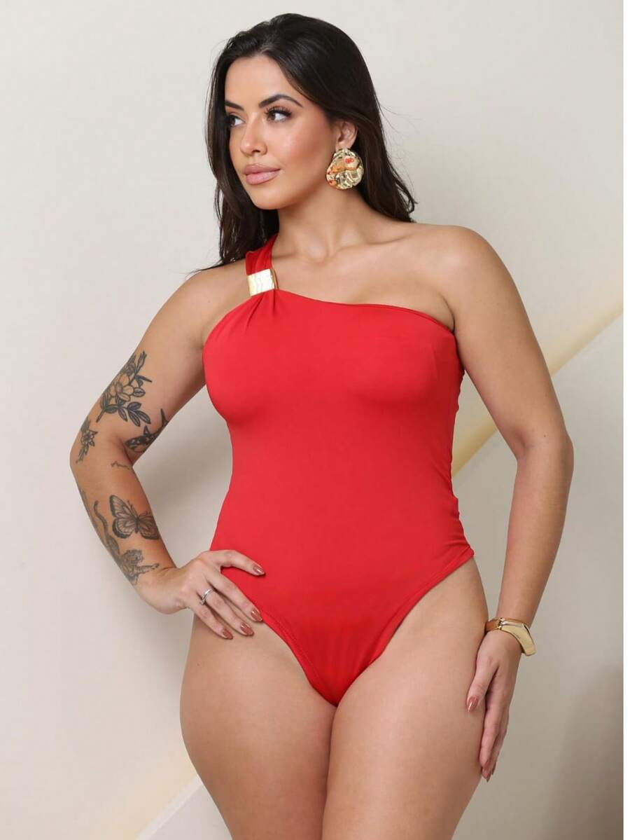 Bodysuit With Sleeveless Design, Buckle With Padding, Sensual, Simple, Casual, Elegant, Asymmetrical, Summer Style. - Red - View 1