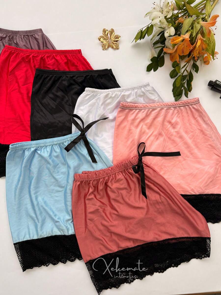 Set Of 3 Short Doll Shorts With Lace And Satin Polyamide Shiny Sexy Women's Pajama Shorts - 彩色 - 查看 1