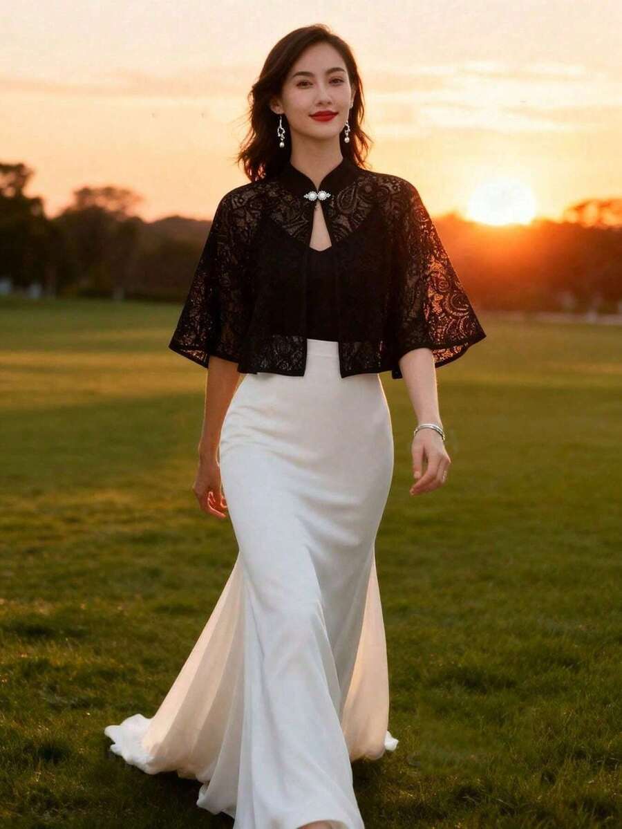 一件优雅新娘镂空披肩，复古蕾丝斗篷/休闲防晒披肩，适合节日、舞会、派对等场合。 - 彩色 - 查看 1