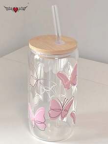 2pcs/Set Butterfly Lid Straw Glass Cup - Large Capacity[450ML/15.22oz]Jar Shaped Water Bottle, Iced Coffee Cup, Milk Tea Straw Cup, Beverage Straw Cup, Best Gift For Friends! - Multicolor - View 14