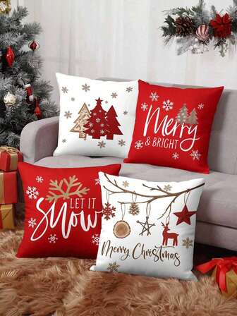 4pcs/1pc Christmas Party Decoration Pillow Cover - Christmas Tree, "Merry & Bright", "Let It Snow" And Holiday Decorative Patterns, 18x18 Inches | Zipper Closure | Bright Colors Polyester Material | For Living Room, Room Decoration, Sofa And Bedroom (Filling Not Included) Great For Christmas Decorations, Christmas Party, Bedroom Decor, Home Decor