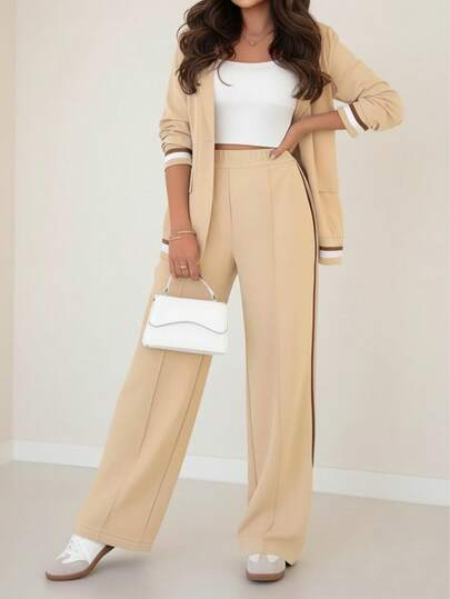 Women's Casual Loose Fit Colorblock Jacket, Comfortable For Spring, Autumn & Winter Women's Stylish Colorblock Trim Design High Waist Straight Leg Pants, Versatile Casual Wear Elegant Women's Brown Striped Trim Blazer Jacket And Pants Set, Slightly Stretchy, Casual Chic 2-Piece Outfit