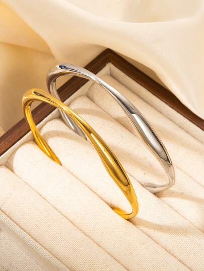 1PC Minimalist Wave Open Cuff Bangle - 18K Gold Plated / Silver Tone Stainless Steel Bracelet For Women, Everyday Jewelry