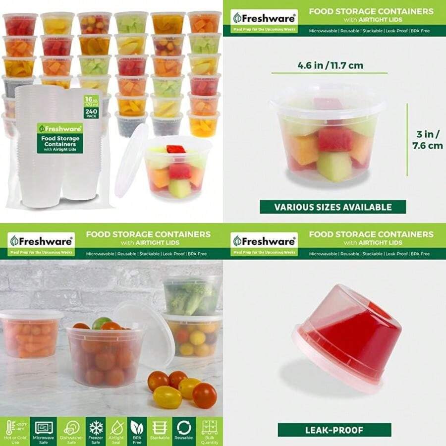 Freshware, YH-S8X50, Contenedores de almacenamiento para alimentos, plástico con tapas herméticas, 228 g, para control de porciones, 50 unidades(16 onzas, juego 240) - Multicolor - Ver 1