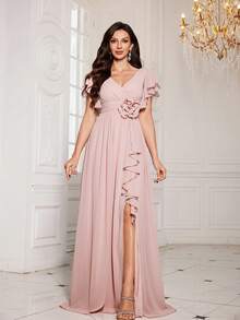 V-Neck Solid Color Chiffon Elegant Crossed Floral 3D Floral High Slit Hem Bridesmaid Dress - Pink - View 4