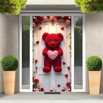 2D Door Banner, Valentine's Day Red Teddy Bear & Heart Shaped Door Banner - Romantic Entryway Decor, Indoor/Outdoor Party Background