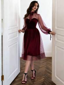 Elegant Solid Color Patchwork Party Dress, Suitable For Christmas And New Year Celebrations - Burgundy - View 9