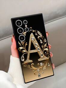 A-Letter Rhinestone Floral Pattern Phone Case, Black TPU Soft Protective Cover, Compatible With Huawei Honor, Galaxy, International Version,  Not The Domestic Version - Black - View 3