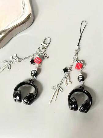 1 pièce Cordon de téléphone portable style années 2000 noir, pendentif casque et billard, pour femme et fille, à personnaliser soi-même.