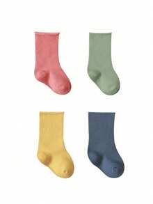 4 Pairs Baby Socks, Simple Mismatched Design, Fashionable Combination, Cuffed Socks - Multicolor - View 2