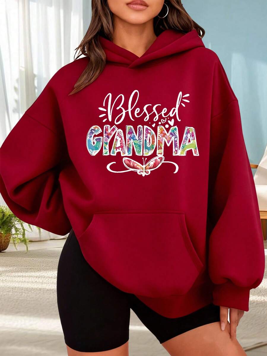 Fashionable Outdoor Hooded Sweater For Women. Black Hoodie With Floral Print And "Grandma" Text, Ideal For Everyday Wear, Special Occasions, And Spring/Summer Season. Perfect For Dates, Outings, And Holiday Gifts. The Best Choice For A Date Night. - 酒紅色 - 查看 1