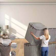 3pcs Set Of Extra Large 47.55 Gallon Checkered Cloth Lightweight Storage Box For Household Large Capacity Clothing And Bedding Storage Bucket, Dustproof And Moisture-Proof Bag, Double Zipper With Handle Storage Box, Ideal Storage Basket For Moving A, Under-Bed Storage,The Material Is Lightweight, Easy To Carry, And Foldable - 格子-3pc - 查看 4