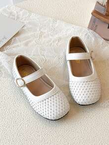 1 Pair Baby Mary Jane Flats, Classic Design, Glossy PU Material, Rhinestone Grid Uppers Provide Sparkling Vibe, Delicate Yet Not Cheap; Hook And Loop Strap Closure, Easy For Toddlers To Put On And Take Off - White - View 1