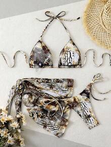 Bộ bikini gợi cảm buộc dây cổ họa tiết da báo dành cho nữ, kèm váy sarong cùng màu, thích hợp cho mùa hè đi biển. - Nhiều màu - Xem 2