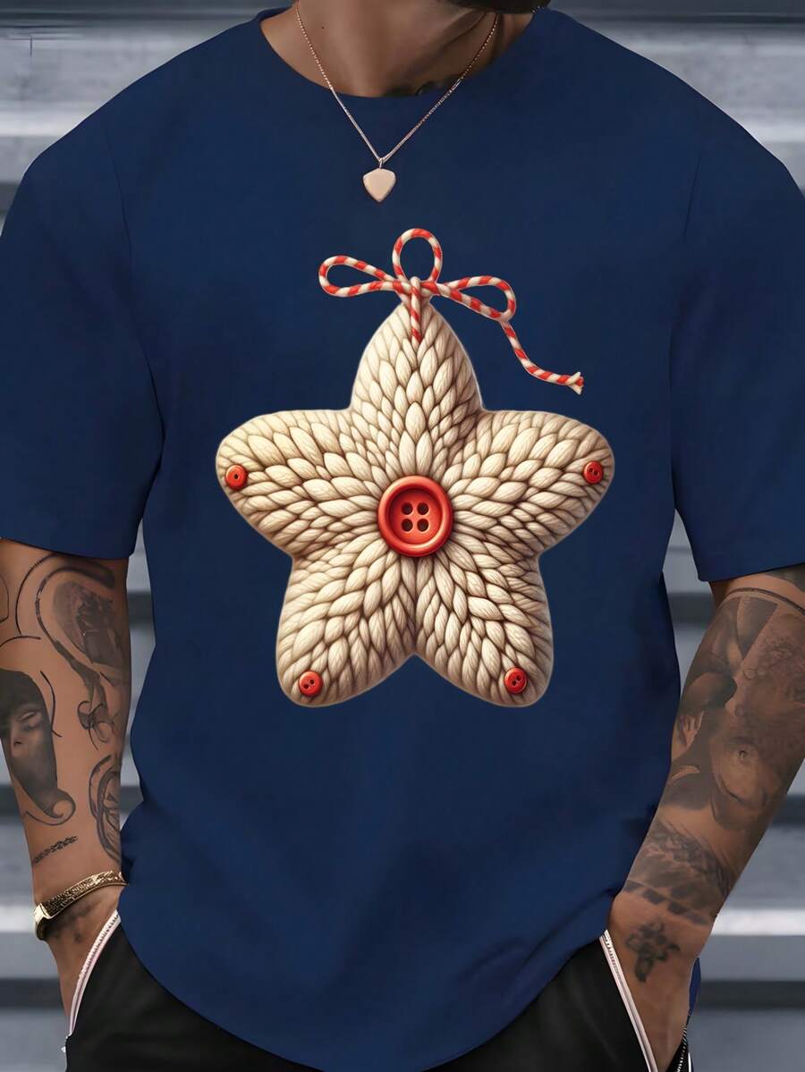 Camiseta de hombre cuello redondo con estampado de estrella tejida con botón rojo y lazo navideño diseño festivo para uso diario ocasiones sociales temporada de invierno y navidad - Azul Marino - Ver 1