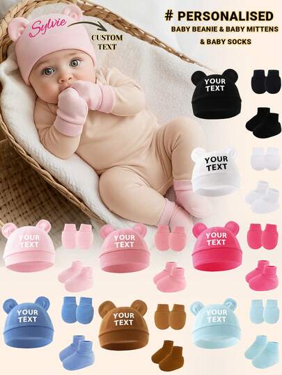 3 st/set enfärgad mössa med personlig text + matchande handskar + strumpor, flera färger tillgängliga, söt mjuk lätt och varm, perfekt present till både pojkar och flickor, lämplig för vardagsbruk