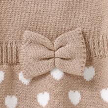 2pcs Infant Khaki Sweater Set: Round Neck Long Sleeve Heart Jacquard Sweater + Butterfly Decor Dress With Attached Tights, Sweet Newborn Outfit - Khaki - View 7