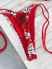 Bộ bikini dây mảnh hở lưng gợi cảm họa tiết hoa hồng và da báo, đồ bơi nữ co giãn cao, buộc dây bên hông. - Đỏ - Xem 5