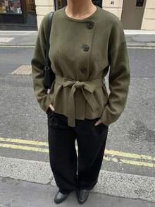 Women's Fashionable Belted Knit Cropped Casual Long Sleeve Cardigan, Autumn/Winter - Army Green - View 2