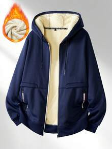 Men's Fashionable Casual Multi-Function Warm Hooded Zip-Up Jacket, Sherpa Lining Casual Hoodie Jacket, Thick Sherpa Full Zip Hooded Sweatshirt, Suitable For Autumn/Winter, Warm Long Sleeve, Men's Warm Wear, Winter Clothing - Navy Blue - View 8