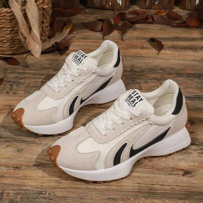 New Women's Light Beige & Black Platform Casual Shoes, Vintage Style Rubber Trim Design, Lightweight & Comfortable, Spring 2025 Korean Loose Lace-Up Splicing Sneakers Suitable For Dates, Shopping, Sports